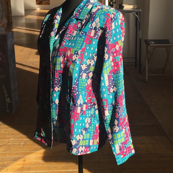 Jewel tone, geometric shape, button-down blouse - Picture 5 of 5